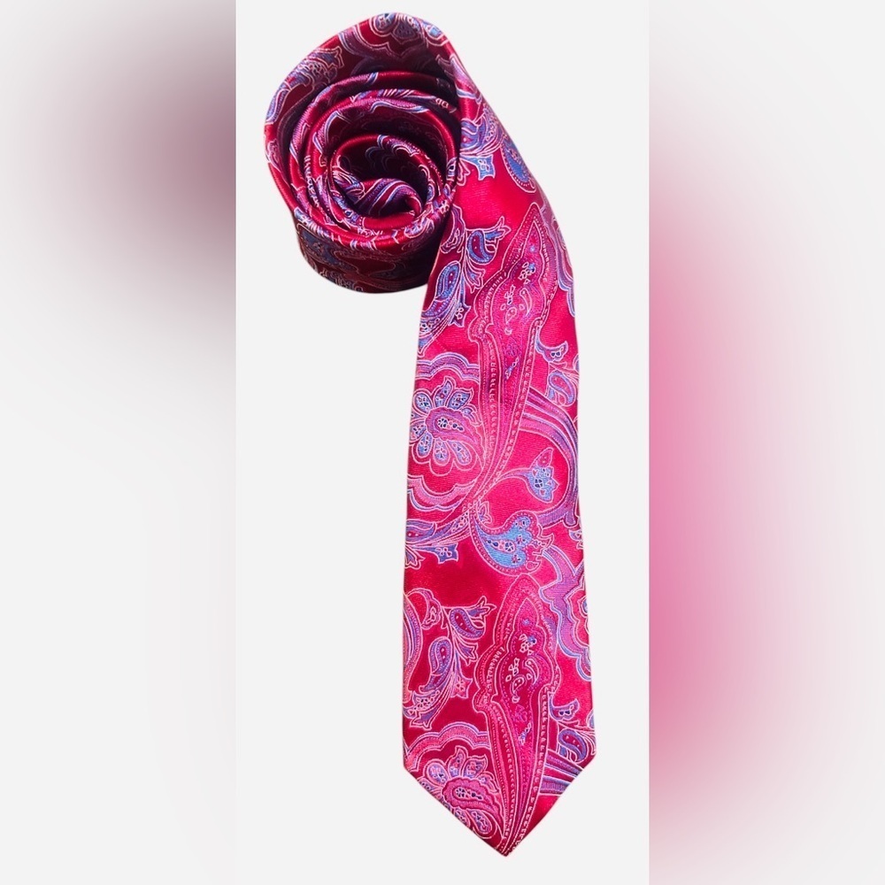 DONALD J TRUMP- Vibrant Paisley Silk Tie - RED Pink and Blue